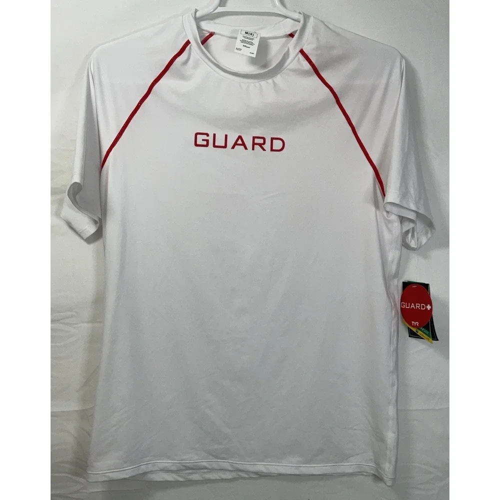 NWT Men's TYR Life Guard Short Sleeve Rashguard Shirt - White‎ & Red - Medium
